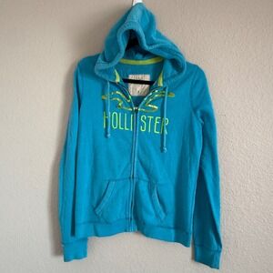 Vintage Y2K Hollister Womens Medium Spellout Turquoise Zip Up Hoodie Preppy